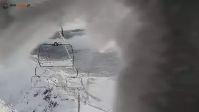 Widok z Kamery na zaśnieżoną kolej na Kasprowym Wierch